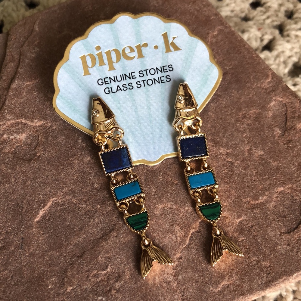 piper·k Gold Fish Dangle Earrings with Blue, Teal & Green Stones